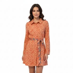 Aura Orange and tan leaf-patterned long-sleeved button-up dress Size Medium